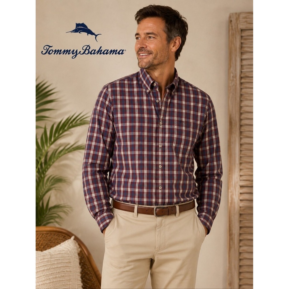 Tommy Bahama Mens Shirt Button Up Plaid Pima Cotton Size Large